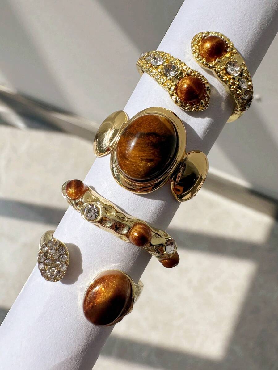 Set de 4 anillos con piedras preciosas simuladas de ojo de tigre de diseño de nicho, minimalista y versátil, un elegante regalo de joyería para mujeres