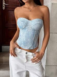 JSE 法式宫廷风蕾丝拼接腰带性感修身时尚束身短款上衣 - 淺藍色 - 查看 5