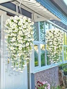 2pcs/4pcs/6pcs White Artificial Hanging Petunias White Flower, 29.52inch Plant Silk Artificial Flowers Vine Green Eucalyptus Plants Outdoor UV Protection,Flowers For Home, Hotel, Office, Wedding, Party, Garden, Porch, Farmhouse Decor, Indoor/Outdoor Use, No Container,Fake Plants For Year-Round Decoration ﻿ - Eucalyptus Morning Glory - White - View 1