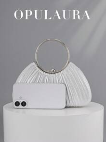 OpulAura 女士金属魅力晚宴包，奢华皮革手拿包，适合宴会、庆典、舞会、婚礼、伴娘、生日礼服配饰 - 銀色 - 查看 5