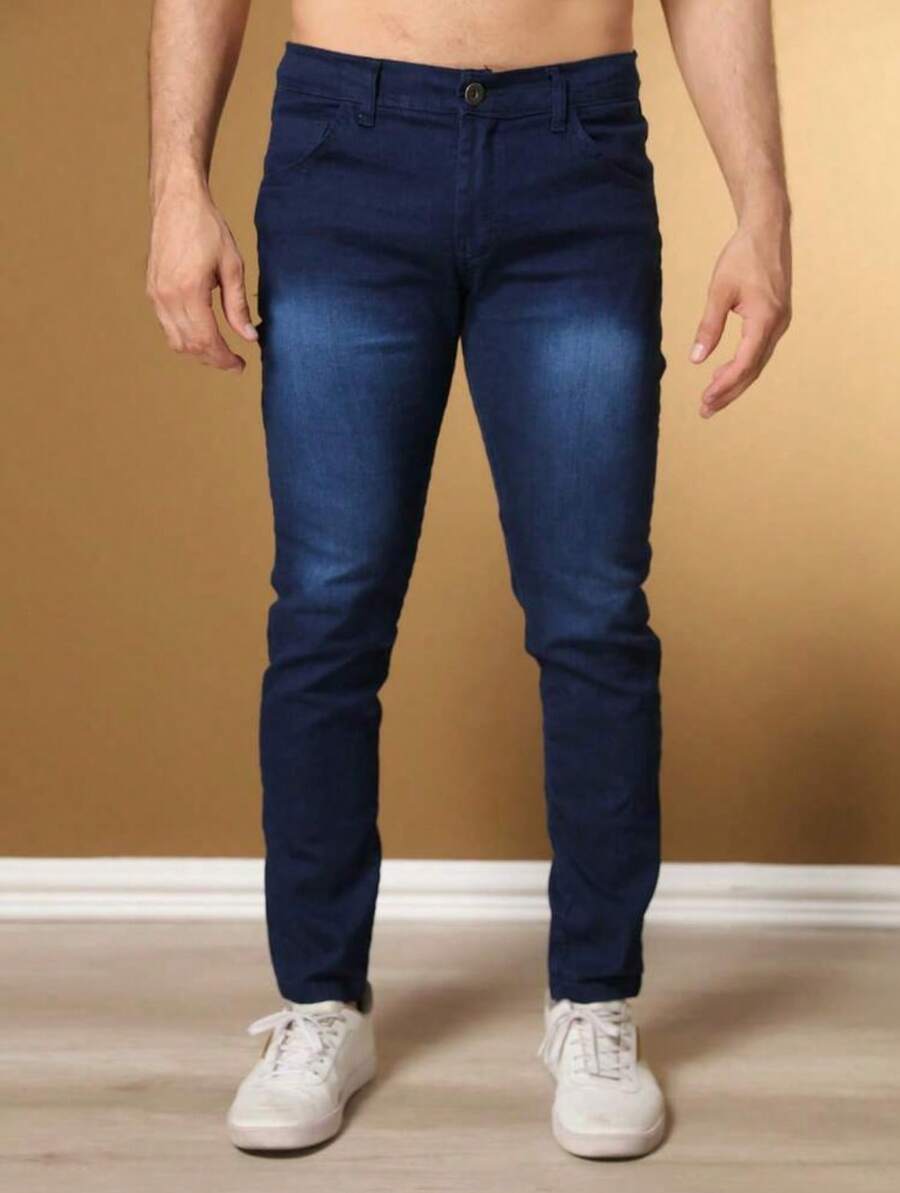 Men's Basic Jeans With Elastane And Pockets Direct From The Factory - 深色水洗藍 - 查看 1