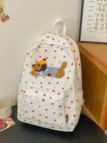 1 件尼龙拉链开合时尚简约日式撞色原宿风格腊肠犬波尔卡圆点图案背包，小众设计青少年百搭休闲背包，返校季书包，可调节肩带适合外出、通勤、户外、学校日常使用，是送给青少年的完美礼物，收藏品，理想的生日礼物（图案位置随机）