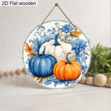 2D Flat, 1pc Charming Blue Colorful Flowers Pumpkin Pattern Wooden Sign Ornament Autumn Thanksgiving Hanging Decoration Ornament Festival Decoration Plaque Hanging Door Decoration Wall Decoration Home Decoration Holiday Gifts Thanksgiving Gifts