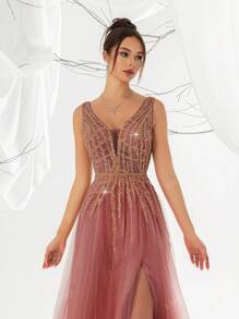 VIPGIRL Elegante vestido largo de noche de mujer con patchwork de lentejuelas y abertura alta