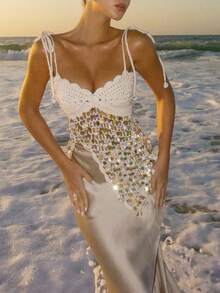 Sequin Crochet Halter Tops For Women Sexy Open Back Y2k Crop Top Hollow Out Knit Summer Beach Going Out Tops - trắng - Xem 2