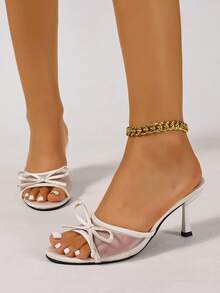 女士网眼透气露趾高跟凉鞋，优雅蝴蝶结细跟拖鞋，百搭夏季新品