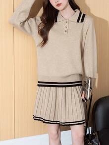 Alicedudu 女式学院风翻领毛衣和迷你裙两件套，秋冬 - 卡其色 - 查看 5