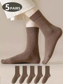 1 Pair/5 Pairs Women's Comfortable Soft Casual Minimalist Classic Retro Yoga Sports Mid-Calf Socks, Coffee Color