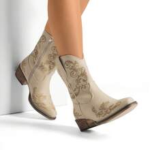 女式西部风短靴：低跟粗跟、方头、秋季短靴 - 米色 - 查看 10