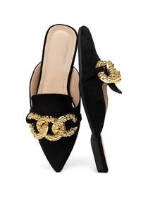 Donne, scarpe slip-on alla moda con catena metallica, punta affusolata, colore unito, tacco piatto, stile urbano, colore nero, stile urbano, materiale , pantofole - nero - Visualizzare 10