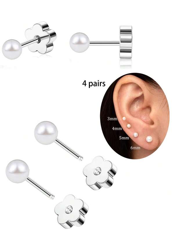 4 Paar flache Perlen Ohrstecker, Damen/Mädchen Edelstahl kleine Perlen Knorpel Ohrringe, Perlen Spirale Ohrringe mit geringer Allergie, geeignet für empfindliche Haut, Ohrschmuck