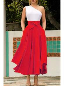 European And American Women's Fashion Solid Color Flared Waist Belt Skirt - Đỏ - Xem 3
