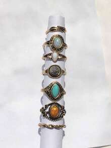 7 件套复古金色仿宝石镂空花卉雕刻金属戒指，女士首饰套装 - 彩色 - 查看 2