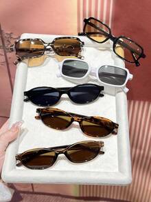 6副装多色豹纹几何复古经典时尚女式眼镜，适合送礼、日常佩戴、街头摄影、音乐节、热带海滩度假、家庭出游、约会等场合，适合所有脸型，附赠眼镜盒 - 6pcs 黑白香檳灰豹紋茶組合 - 查看 2