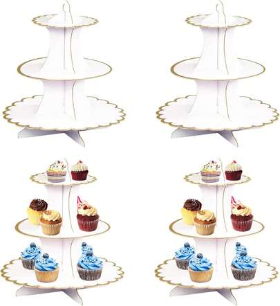 3 Tier Cardboard Cake Stand 4 Pack - White Gold Disposable Dessert Tower, Sturdy Lightweight For Cupcakes Pastry Afternoon Tea Wedding