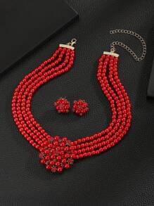Juego de 3 piezas de collar, pendientes y joyas con flores y perlas falsas para bodas, cena y accesorios nupciales