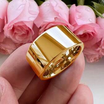 [不锈钢戒指] 1 件简约 12 毫米宽带不锈钢男士戒指 | 情侣戒指，情人节礼物，单环首饰