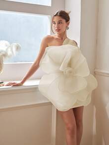 不对称领口露背连衣裙，饰有3D玫瑰花卉图案，女士正式礼服，夏季，情人节 - 杏色 - 查看 8