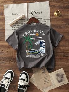 Tween Boy Casual Print Crew Neck Short Sleeve T-Shirt, Summer Tops - Dark Grey - View 1