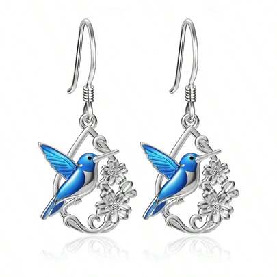 1 Peça Brinco Flor e Beija-Flor Pingente de Prata Esterlina Doce, Adequado para Uso Casual, em Festas ou de Férias pelas Mulheres