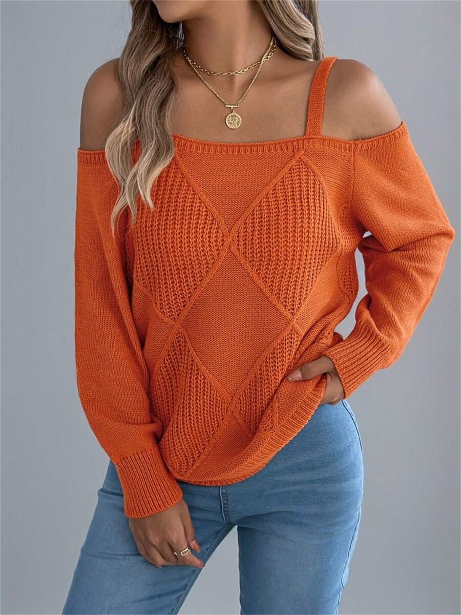 Women Open Shoulder Off Shoulder Plaid Print Long Sleeve Pullover Sweater, Autumn/Winter - Orange - View 1