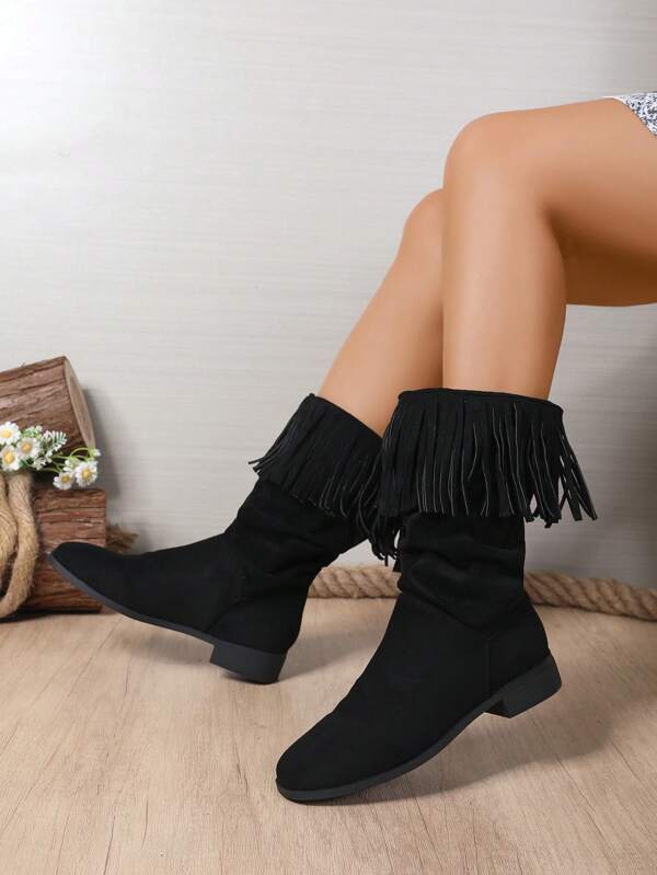 Girls' Teenager Boots With Fringe Design, Versatile Comfortable Suede Elegant Boots For Outdoor Wear, Suitable For Autumn/Winter, Black