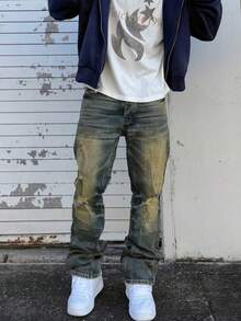 Jeans pitillo de hombre estilo coreano en color amarillo mostaza desgastado, con pierna entallada y roturas, que transmite un estilo de calle veraniega - Bronce - Ver 1