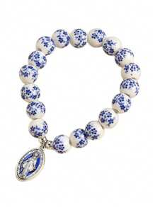 1pc Virgin Mary Letter Cross Geometry Star Heart Beaded Pendant Bracelet, Multicolor Natural Stone & Metal, Elegant For Party & Chinese Style