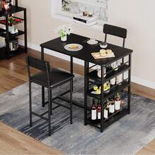 3 Piece Breakfast Bar Table Set, Bar Table And Chairs Set  Industrial Bar Table Set With Storage Shelves Space Saving Bar Table And PU Leather Stools For 2 - Black - View 3