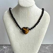 1 pieza de collar con cuentas de ágata negra y colgante de ojo de tigre con forma de corazón, collar de cuentas de ágata negra, collar diario de estilo bohemio