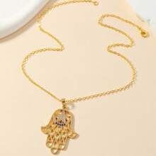 中东风格独特棕榈形蓝色吊坠项链，轻巧奢华锁骨链首饰 - 金色 - 查看 4
