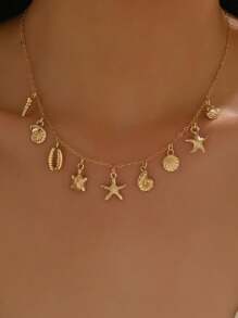 1pc Creative Ocean Theme Beach Vacation Style Sea Star & Sea Shell Pendant Necklace, Versatile Daily Wear