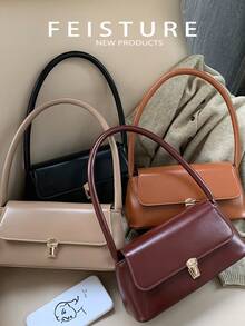 1个复古女士腋下单肩包，PU皮革材质，金属翻盖法棍包 - 咖啡棕 - 查看 4