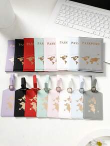 1 Set Minimalist Passport Information Card Holder For Outdoor Travel & Cross-Border Business, Foil Map Design, Parent-Child Set, Solid Color Passport Book & Travel Accessories Set, Essential Holiday Vacation Passport Cover, Women Passport Wallet - Multicolor - View 4