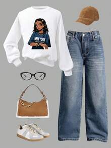 少女卡通印花圆领长袖上衣和牛仔裤套装 - 白色 - 查看 1