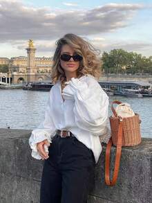 2026 Spring/Summer New Casual Elegant Ruffle Trim Lantern Sleeve Button Front Blouse, Women's Graceful Top, Suitable For Valentine's Day, New Year, Music Festival, Graduation, Summer Holiday, Spring Outfits, Party, Birthday, Beach, Vacation, Casual Wear, Y2K White - White - View 4