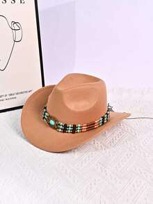 1 件男女通用巴拿马草帽，牛仔毡帽，带绿松石带，复古卷边太阳帽，送给朋友的礼物，开学季