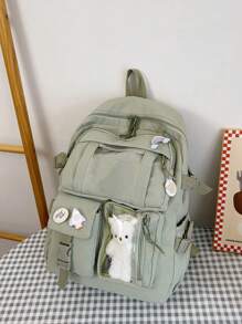 双色经典背包字母贴片，可爱校园风：可爱尼龙背包，带徽章和配件，不含卡片