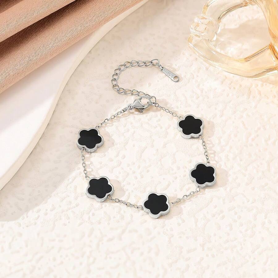 新款时尚银色五叶草单面贝壳手链，独特简约 5 朵幸运四叶草奢华串珠手链珠宝情人节、妈妈、母亲、母亲节、礼物