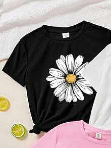 Conjunto de 3 piezas informal y minimalista para mujer con estampado de mariposa y flor, camiseta de cuello redondo, manga corta para verano - Rosa - Ver 3