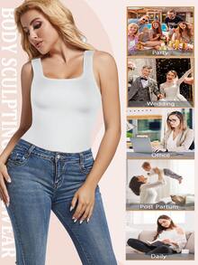 Slimming Women Tummy Control Shapewear Abdomen Compression Camisole Cami Vest Tank Top Body Shaper Ladies Underwear Undershirts Shaping Tops Shirts Wide Shoulder Strap No Pad - White - View 6