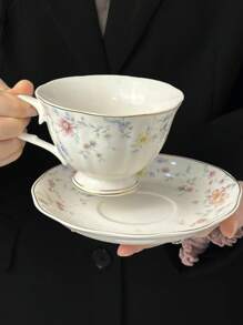 1set (1 Cup + 1 Saucer) Vintage Floral Ceramic Coffee Cup And Saucer Set, Hand-Painted Pink Flower Latte Mug For Office, Home, Afternoon Tea, Gifts Back To School