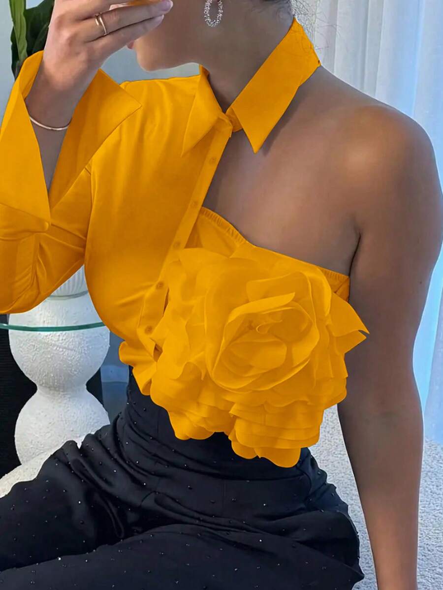 Women's Solid Color Ruffle Hem Elegant Blouse With Design Element Summer - Yellow - View 1