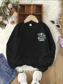1pc Tween Girl Inspirational Graffiti Colorful Print Sweatshirt, Soft & Skin-Friendly, Suitable For Spring/Autumn Daily School Wear - Black - View 3