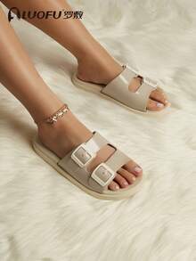 女士时尚平底拖鞋，户外沙滩拖鞋，时尚双扣拖鞋，室内防滑凉鞋 - 米色 - 查看 5