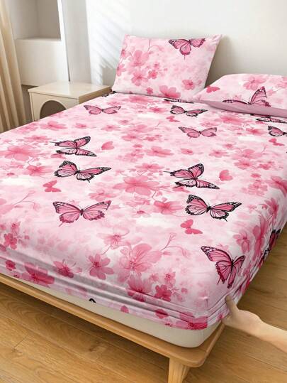 1pc Fitted Sheet, Butterfly Bedding, Mattress Protector, Pink Bed Cover, Bed Sheets, Cozy Home Textile, Breathable And Anti-Pilling Mattress Protector, Bed Cover, Home Decoration, Decorative Bed Spread Bed Cover For Bedroom Dorm, Fits For All Size Beds - Twin, Full, Queen, King, Suitable For All Seasons, Machine Washable, Dustproof Non-Slip, Pillow And Pillow Case Not Included, Perfect Holiday Gift,Fall Decor,Autumn Decor,Room Decor