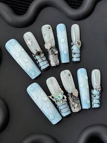 45 毫米超长方形指甲手工按压式指甲带蝴蝶饰物、手绘渐变水滴艺术图案和 3D 撞色设计 - 全覆盖 DIY 闪光人造指甲，10 件/包