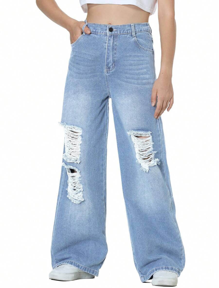 EXARUS Girls Jeans Baggy Pants Wide Leg/Flare/Skinny Denim Ripped High Waisted Teen Clothes Casual Kids 6-14Y - 闊腳藍5號色 - 查看 1