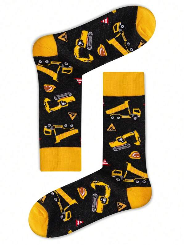 1 Pair Unisex Excavator Design Socks, Mid-Calf Socks, Fashion Style, All Season