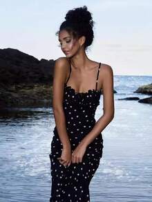 New Women's Summer INS French-Style Elegant Slim-Fit Backless Polka Dot Spaghetti Strap Dress  Polka Dot  Colorblock    Party  Elegant    Backless  Criss Cross  Zipper    Formal & Evening - 黑色 - 查看 1